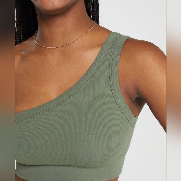 Gymshark Ribbed Cotton Seamless One Shoulder Bra light support Size M in Green - Picture 5 of 8